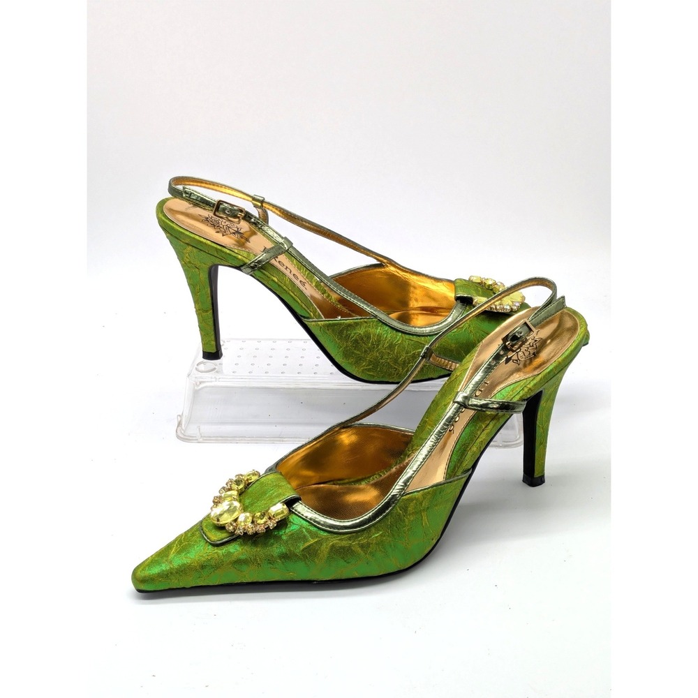 J Renee Rachele Pumps Women 10M Green Jeweled Slingback Pointed Toe 4" Heel